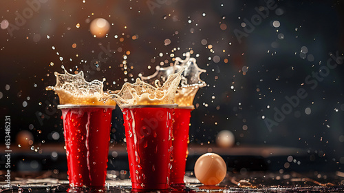 A beer pong shot hits the mark, causing beer to splash out of tree red cups
