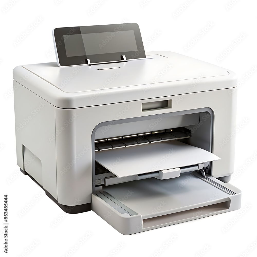 White Printer with Paper Tray Open. White Printer with Paper Tray Open.