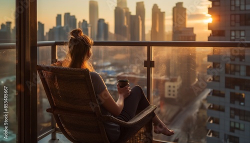A woman sits in a lounge chair on the balcony of her apartment, enjoying the view of the busy city with a cup of coffee