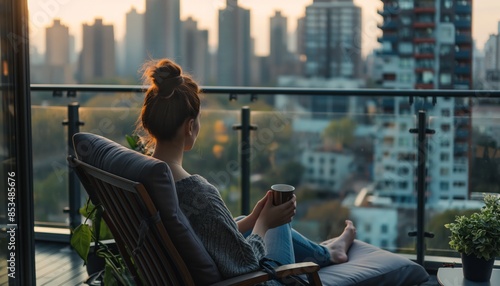 A woman sits in a lounge chair on the balcony of her apartment, enjoying the view of the busy city with a cup of coffee