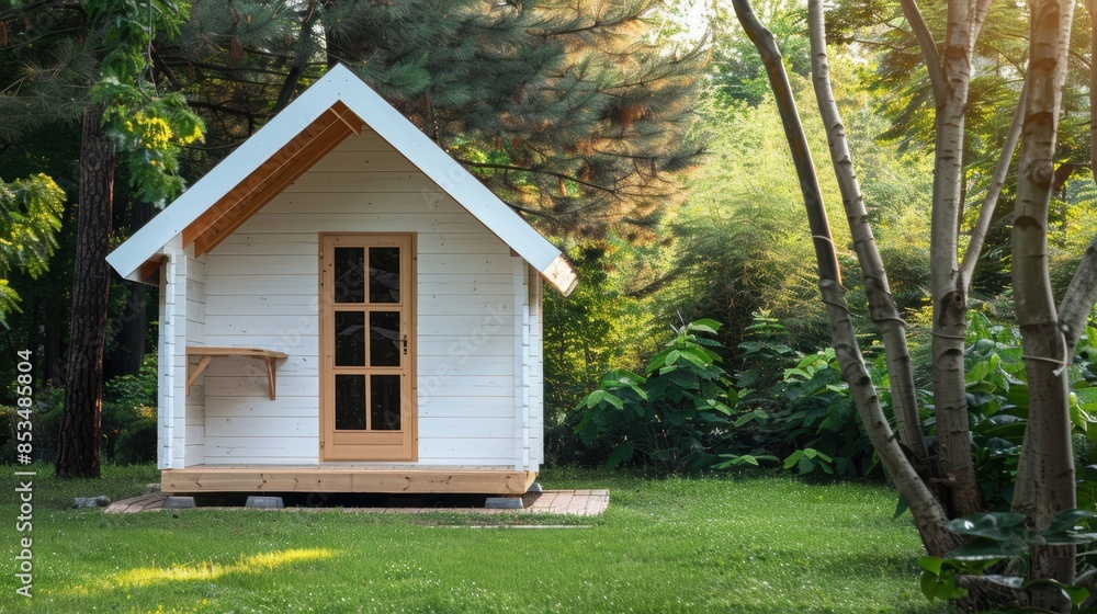 A charming white garden shed with a wooden door is nestled among lush green trees, creating a picturesque backyard scene. A charming white garden shed with a wooden door is nestled among lush green trees, creating a picturesque backyard scene.