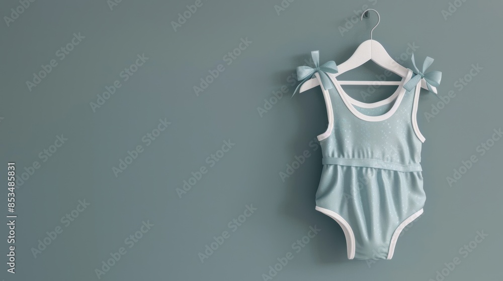 A cute baby romper with bows on the shoulders, hanging on a hanger against a pastel-colored wall, ready for a stylish infant. A cute baby romper with bows on the shoulders, hanging on a hanger against a pastel-colored wall, ready for a stylish infant.