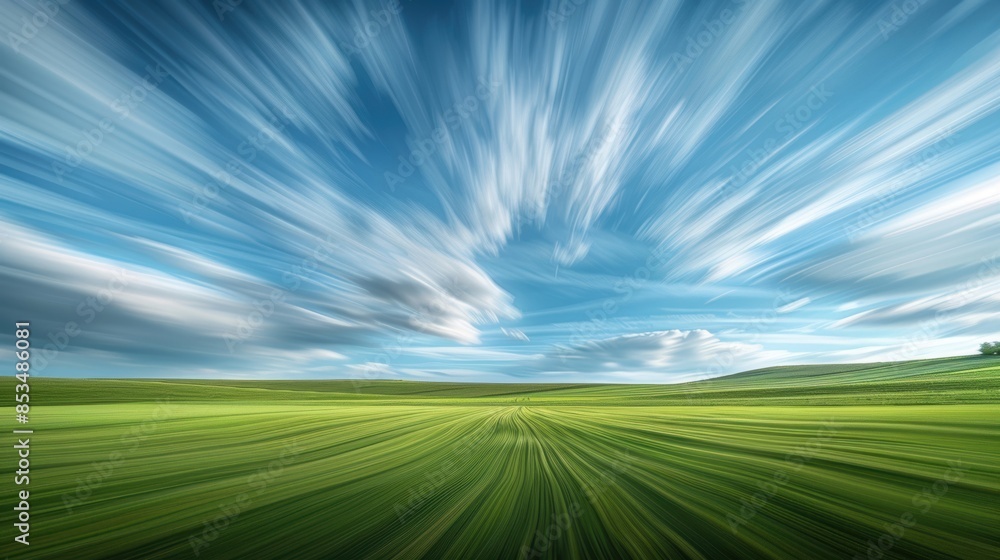 Dramatic motion blur of clouds streaking across a blue sky over a vast, green field, creating a dynamic landscape view. Dramatic motion blur of clouds streaking across a blue sky over a vast, green field, creating a dynamic landscape view.