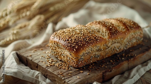 Seed-topped whole grain loaf on a wooden board, beige cloth and wheat stalks creating a rustic background photo