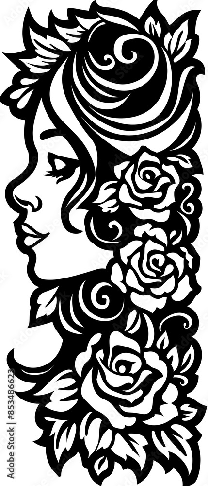 Fototapeta premium A woman with a long black hair and a rose design on her head