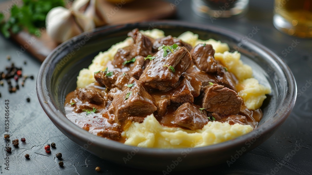 Sophisticated Beef Stroganoff dish with mashed potatoes and sauce, artfully arranged, ready to serve, appealing and elegant Sophisticated Beef Stroganoff dish with mashed potatoes and sauce, artfully arranged, ready to serve, appealing and elegant