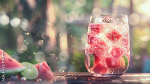  A detailed side view photograph of a low-ABV watermelon spritz, featuring a glass filled with a light red drink made with sparkling water, fresh watermelon cubes, and a hint of lime juice photo