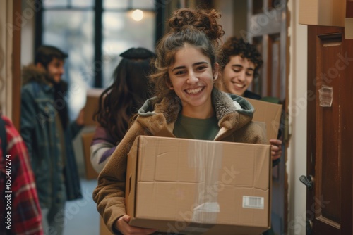 Group of students carrying boxes into a new apartment, smiling and chatting as they help each other move in