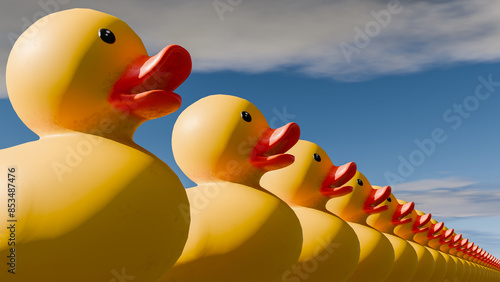 An army of rubber duckies standing in a row.