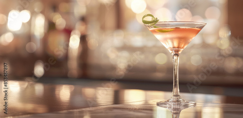 A sophisticated photograph of a modern Cosmopolitan cocktail, featuring a clear martini glass filled with a light pink drink, garnished with a twist of lime. photo
