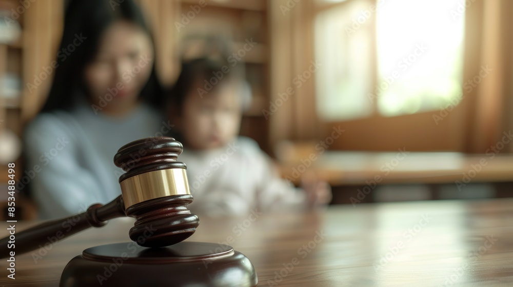 Close-up of a legal judge hammer and a lawyer, Divorced parents, and alimony, Concept of child support. Close-up of a legal judge hammer and a lawyer, Divorced parents, and alimony, Concept of child support.