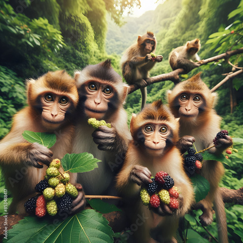 A family of monkeys eating mulberry with their entire family.