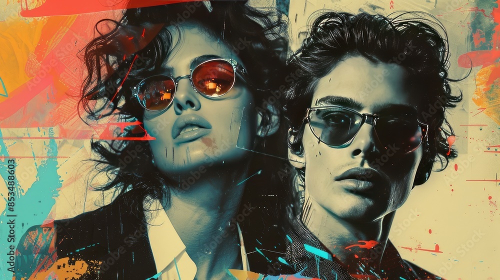 Stylish Young Man and Woman in Sunglasses with Trendy Abstract Paint Splatter Background Stylish Young Man and Woman in Sunglasses with Trendy Abstract Paint Splatter Background