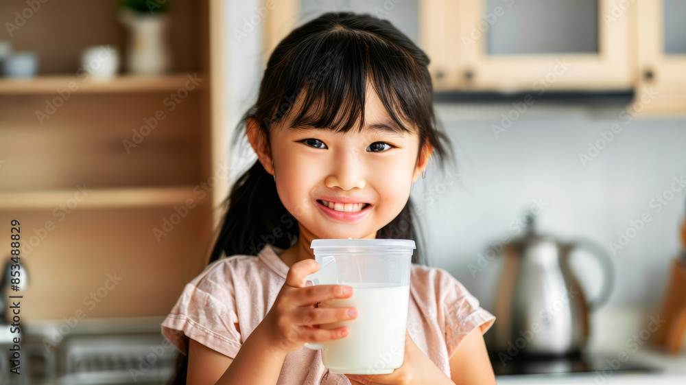 Portrait of an Asian little cute kid holding a white mug and smiling happily in a bright kitchen setting, showcasing innocence and joy. Portrait of an Asian little cute kid holding a white mug and smiling happily in a bright kitchen setting, showcasing innocence and joy.
