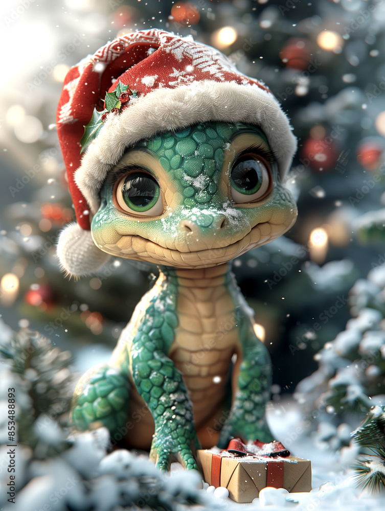 A green lizard wearing a Santa hat and holding a gift box A green lizard wearing a Santa hat and holding a gift box