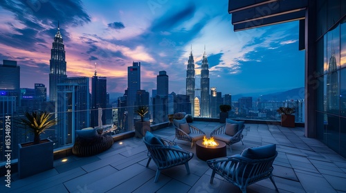 Vibrant Sunset and Night Sky Over Kuala Lumpur's Skyline with Fire Pits on Observation Deck