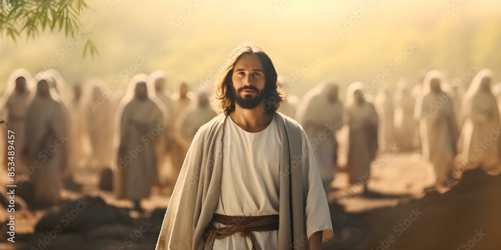 Naklejka premium Jesus Leading a Flock in Prayer Under the Bright Sun with God in the Background. Concept Religious Art, Jesus, Flock, Prayer, Bright Sun, God Background