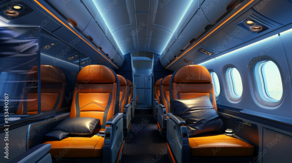 Fototapeta premium Empty passenger seats in cabin of the aircraft. Plane interior. Business class