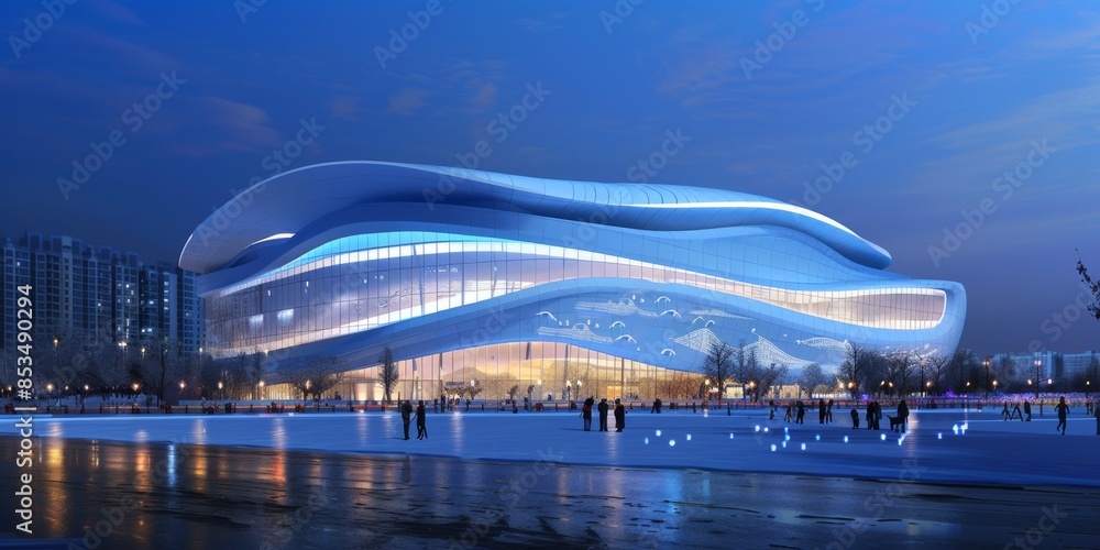 Obraz premium European Football Championship Stadium with 'Colorful Waves' Design, Featuring Ocean Blue Facade and White Roof, Illuminated at Night as a City Landmark, High-Resolution AI-Generated Wallpaper Backgro