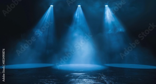 Black background with three blue spotlights shining down  creating an atmospheric scene