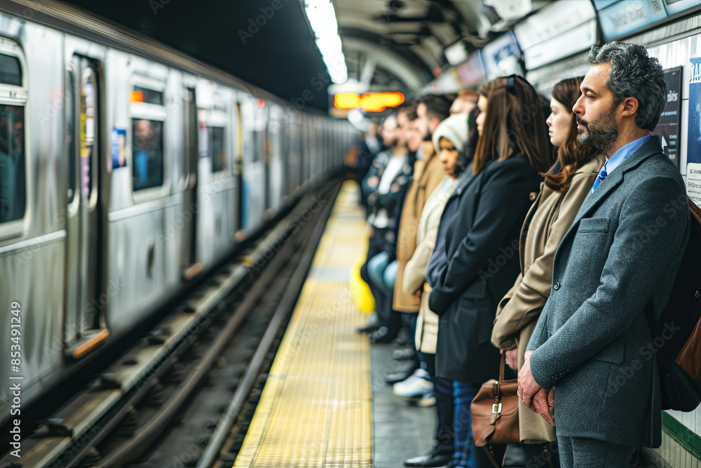 Business people waiting on subway platform, commuting to work in the city Business people waiting on subway platform, commuting to work in the city