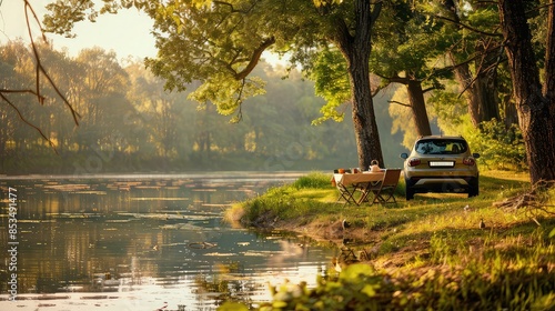 Fototapeta Naklejka Na Ścianę i Meble -  Car parked next to a lake with picnic setup, summer day, relaxing, Realism, Photography