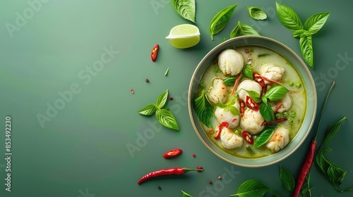 Gaeng Keow Wan green curry with fish balls, rich and spicy, fresh herbs, space for text above, Photorealistic, Vibrant Colors photo