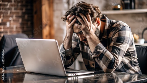 Frustrated Man Holding Head at Desk, In Front of Laptop, Wearing Shabby Clothes Due to Online Gambling Loss, Copy Space. Perfect for: Gambling Addiction Awareness, Financial Counseling Services.