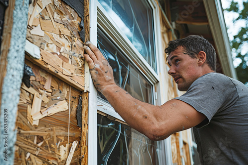 Man boarding up windows of home in preparation for hurricane or tornado photo
