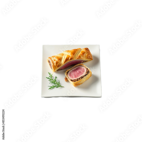 Beef Wellington puff pastry wrapped medium rare beef mushroom duxelles prosciutto Culinary and Food concept photo