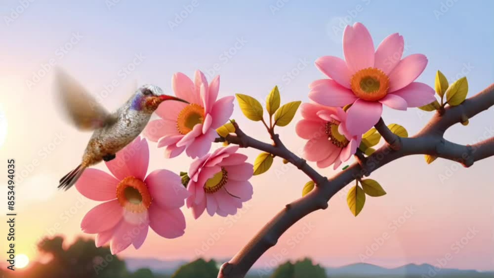 Bird and flowers with sunrise seamless looping animation video Bird and flowers with sunrise seamless looping animation video