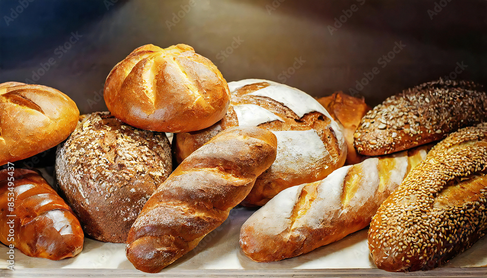 焼きたてパン。ベーカリーに並ぶパン。Freshly baked bread. Bread lined up in a bakery. 焼きたてパン。ベーカリーに並ぶパン。Freshly baked bread. Bread lined up in a bakery.