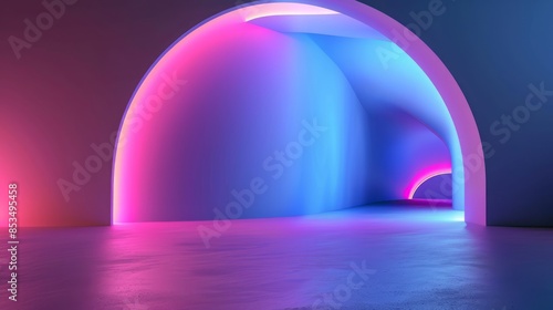 Blue and pink gradient background, curved shape, and neon light effect