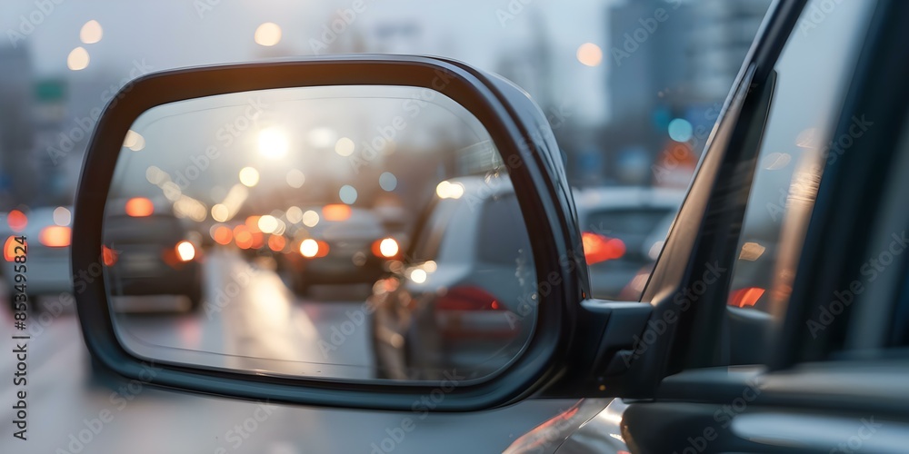 Reflecting the Evening Traffic Jam Cars and Headlights in the Rearview Mirror. Concept Traffic Jam, Rearview Mirror, Evening, Cars, Headlights