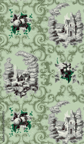 Pattern of vintage wallpaper featuring pastoral scenes in gray and white on a green background.