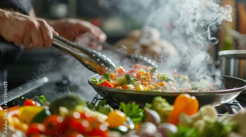 Cooking Meal with Skillet and Abundant Vegetables