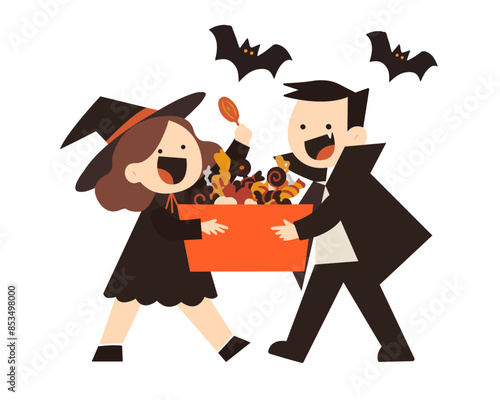 ハロウィンでお菓子掴み取りをしている子どもたちのかわいいイラスト