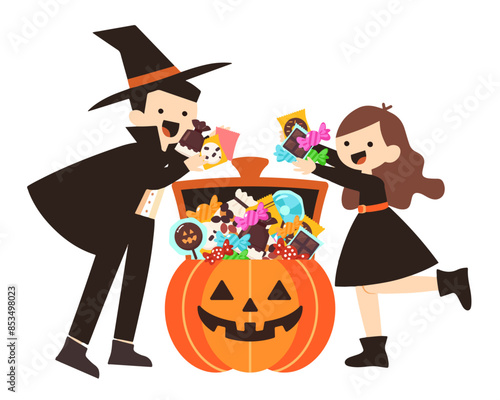 ハロウィンでお菓子掴み取りをしている子どもたちのかわいいイラスト