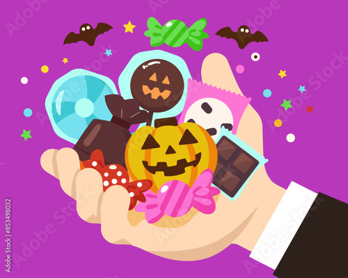 ハロウィンでお菓子掴み取りをしている手のかわいいイラスト
