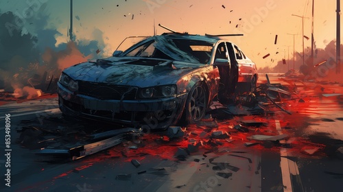 A detailed illustration of a road accident with visible wounds, Realism, Cool tones, Illustration photo