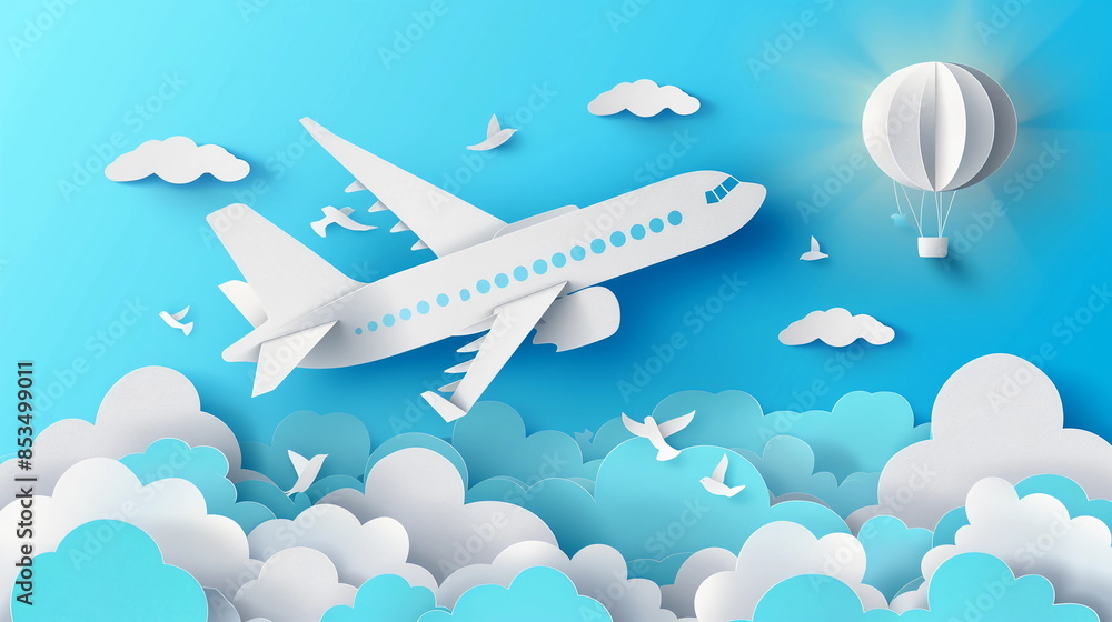 A detailed paper art illustration of an airplane flying through a bright blue sky, with intricate layers of fluffy white clouds below. The airplane is depicted with precise cut-out details including A detailed paper art illustration of an airplane flying through a bright blue sky, with intricate layers of fluffy white clouds below. The airplane is depicted with precise cut-out details including