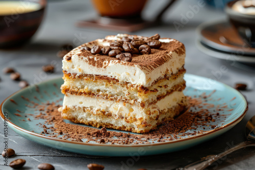 Close-up view of a Tiramisu dessert, layers of coffee-soaked ladyfingers and mascarpone with topping served on a plate at table in a side view. Italian traditional sweet dessert