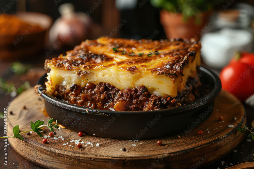 High-detail shot of a Greek moussaka dish potato and meat casserole with cheese, layers visible, traditional Mediterranean recipe. Food and cuisine concept for poster or menu, cafe, Banner, Ads High-detail shot of a Greek moussaka dish potato and meat casserole with cheese, layers visible, traditional Mediterranean recipe. Food and cuisine concept for poster or menu, cafe, Banner, Ads