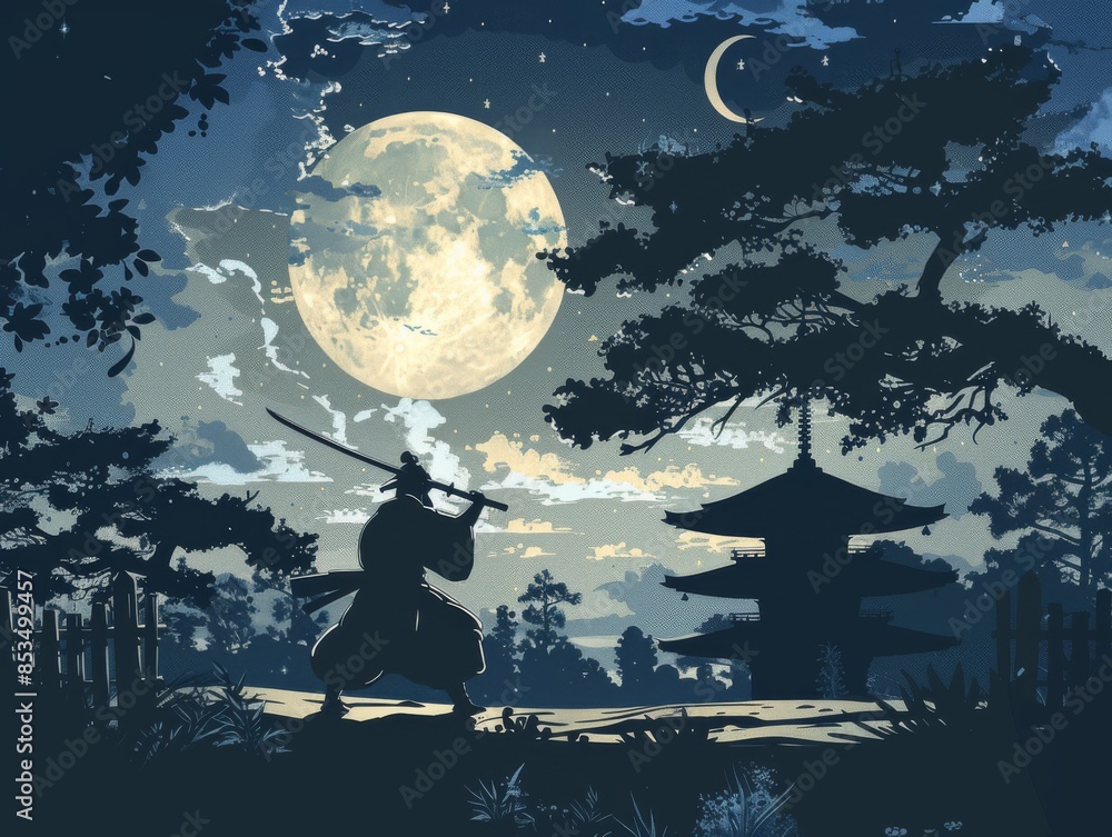 Naklejka premium Samurai warrior in battle stance silhouette, traditional Japanese art illustration.