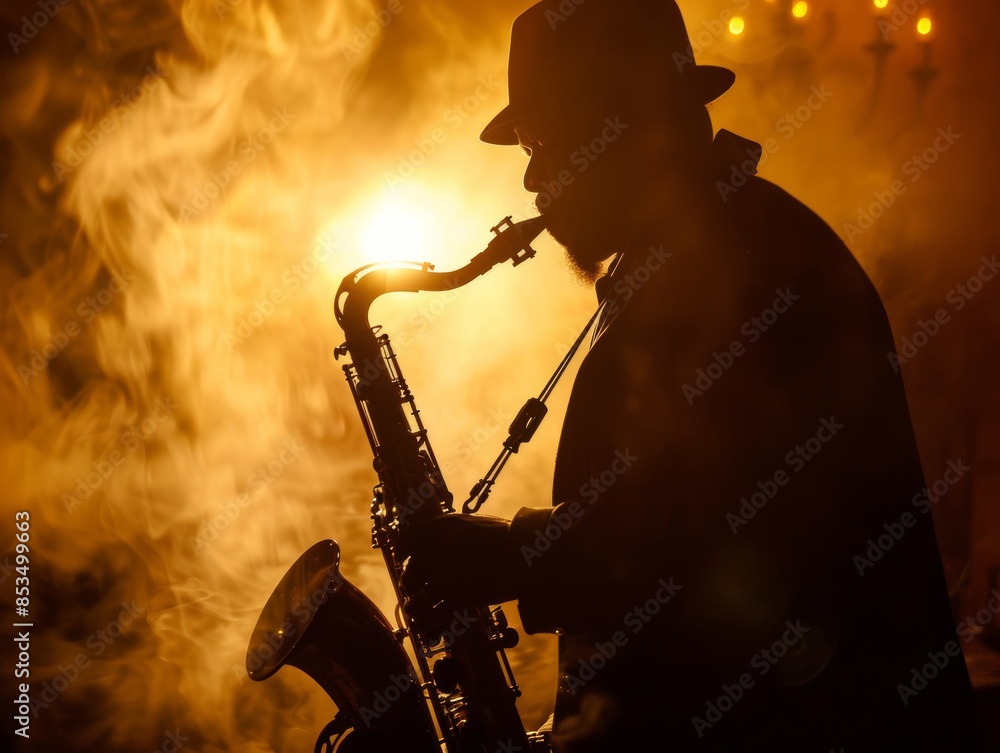 Obraz premium Silhouette of Jazz Musician Playing Saxophone in Smoky Atmosphere Concert Performance Illustration