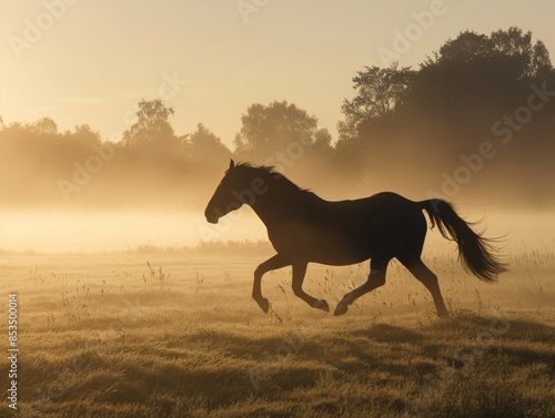 Galloping Horse Silhouette Racing Across Vibrant Field in Nature Sunset Scene © Bendix