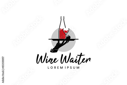 Wine tray hand logo design, vector illustration of bartender, sommelier or waiter