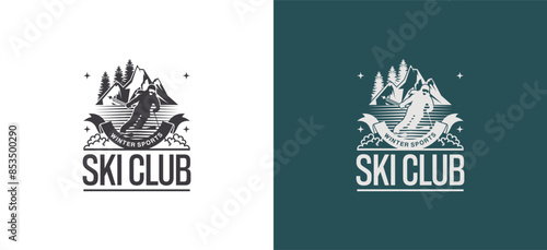 Ski club logo design with skier skiing on high mountain background, ski club retro badge symbol