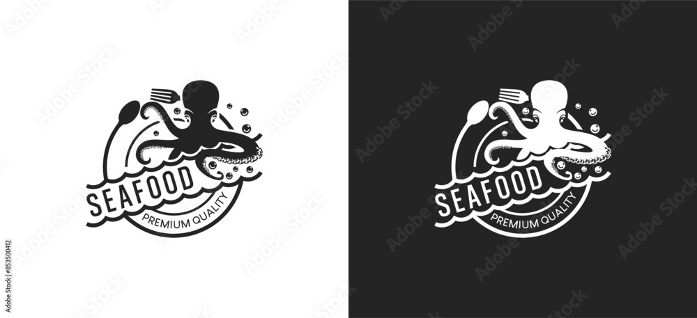 Fototapeta premium Seafood restaurant logo design template, octopus symbol premium vector label
