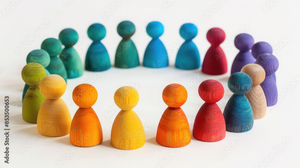 Obraz premium Wooden figures in a circle around TEAM blocks, representing collaboration and group dynamics, bright white background, sharp focus